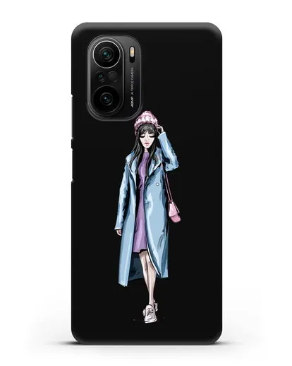 Чехол Девушка брюнетка в голубом пальто силиконовый для Xiaomi Poco F3