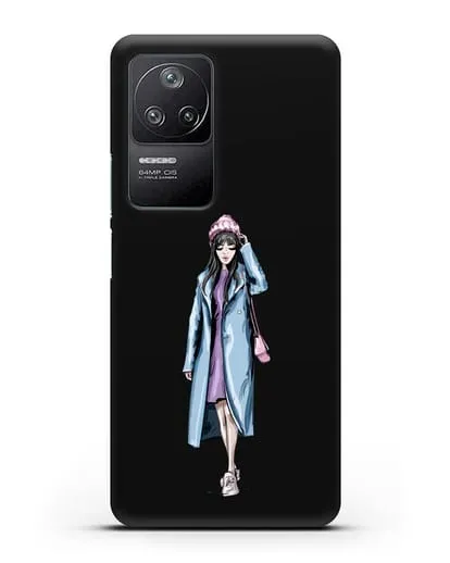 Чехол Девушка брюнетка в голубом пальто силиконовый для Xiaomi Poco F4