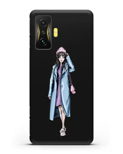 Чехол Девушка брюнетка в голубом пальто силиконовый для Xiaomi Poco F4 GT