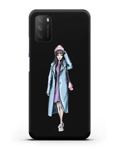 Чехол Девушка брюнетка в голубом пальто силиконовый для Xiaomi Poco M3