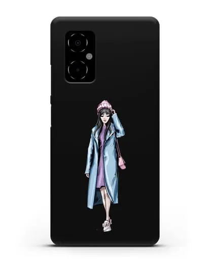 Чехол Девушка брюнетка в голубом пальто силиконовый для Xiaomi Poco M4 5G