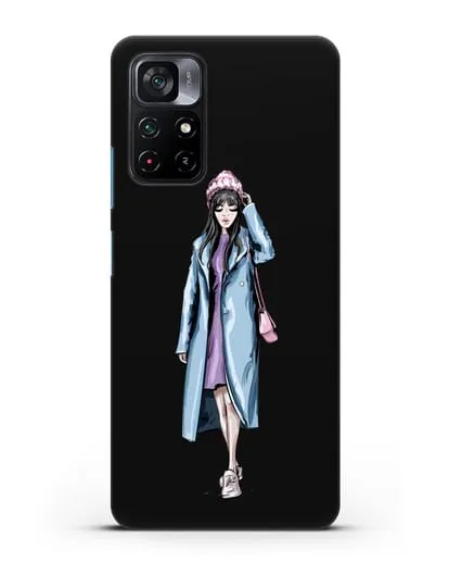 Чехол Девушка брюнетка в голубом пальто силиконовый для Xiaomi Poco M4 Pro 5G