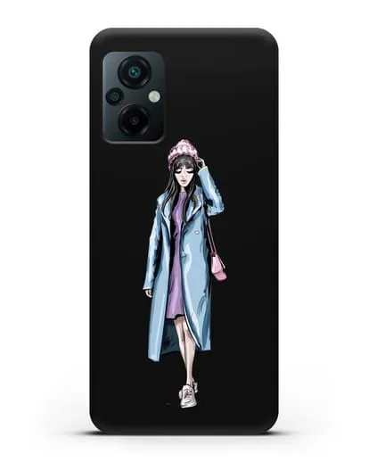 Чехол Девушка брюнетка в голубом пальто силиконовый для Xiaomi Poco M5