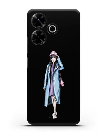 Чехол Девушка брюнетка в голубом пальто силиконовый для Xiaomi Poco M6