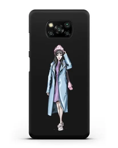 Чехол Девушка брюнетка в голубом пальто силиконовый для Xiaomi Poco X3