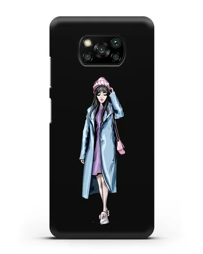 Чехол Девушка брюнетка в голубом пальто силиконовый для Xiaomi Poco X3 Pro