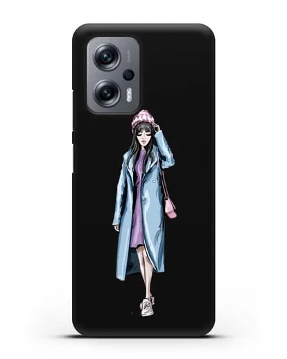 Чехол Девушка брюнетка в голубом пальто силиконовый для Xiaomi Poco X4 GT