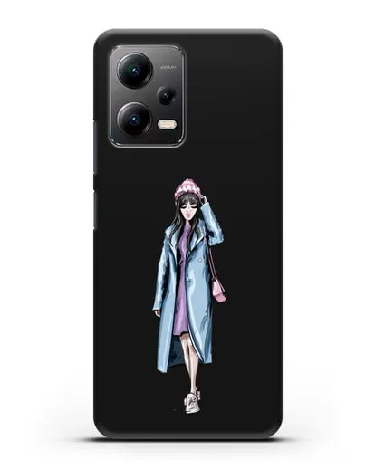 Чехол Девушка брюнетка в голубом пальто силиконовый для Xiaomi Poco X5
