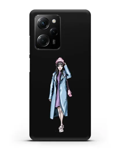 Чехол Девушка брюнетка в голубом пальто силиконовый для Xiaomi Poco X5 Pro