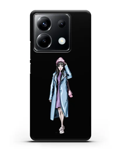 Чехол Девушка брюнетка в голубом пальто силиконовый для Xiaomi Poco X6