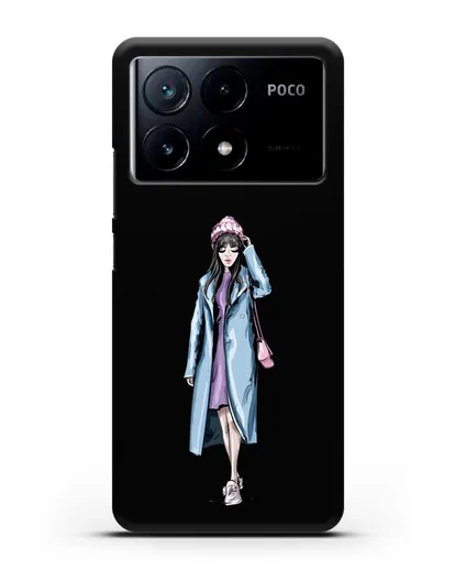 Чехол Девушка брюнетка в голубом пальто силиконовый для Xiaomi Poco X6 Pro