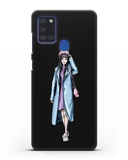 Чехол Девушка брюнетка в голубом пальто силиконовый для Samsung Galaxy A21s [SM-A217F]