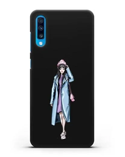 Чехол Девушка брюнетка в голубом пальто силиконовый для Samsung Galaxy A70 [SM-A705F]