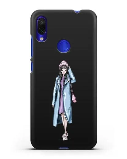 Чехол Девушка брюнетка в голубом пальто силиконовый для Xiaomi Redmi Note 7