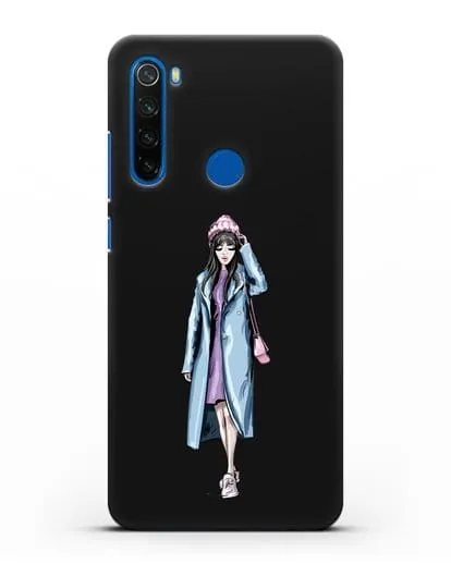 Чехол Девушка брюнетка в голубом пальто силиконовый для Xiaomi Redmi Note 8