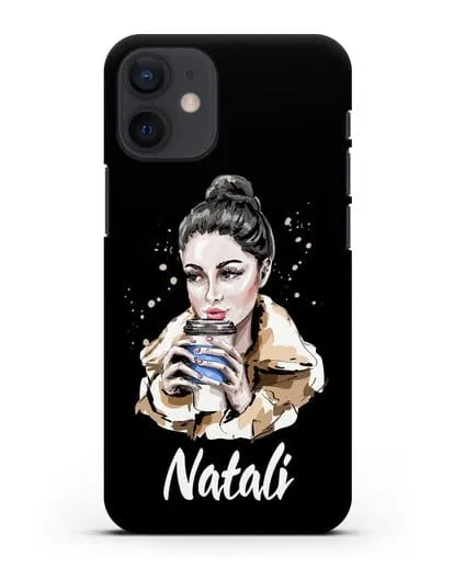 Именной чехол Девушка брюнетка с кофе в руках силиконовый для iPhone 12 mini