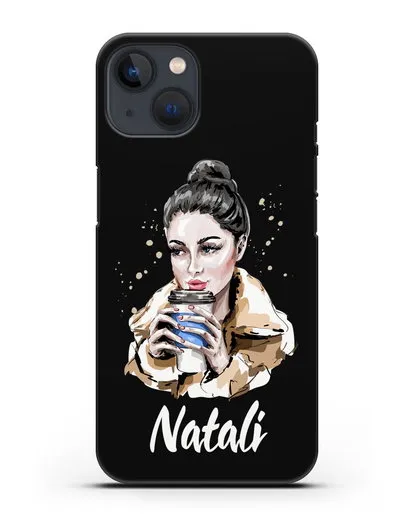 Именной чехол Девушка брюнетка с кофе в руках силиконовый для iPhone 13 Mini