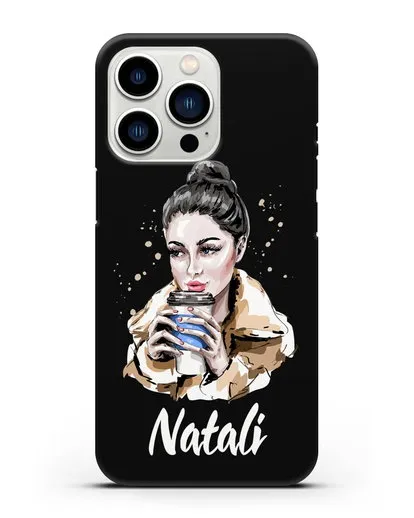 Именной чехол Девушка брюнетка с кофе в руках силиконовый для iPhone 13 Pro