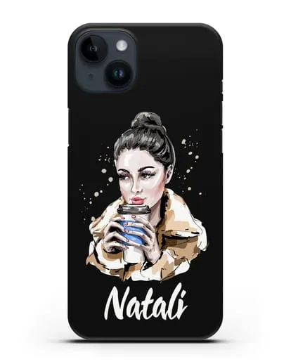 Именной чехол Девушка брюнетка с кофе в руках силиконовый для iPhone 14 Plus