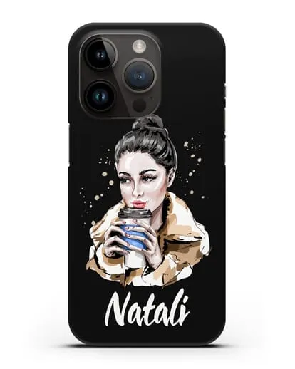 Именной чехол Девушка брюнетка с кофе в руках силиконовый для iPhone 14 Pro