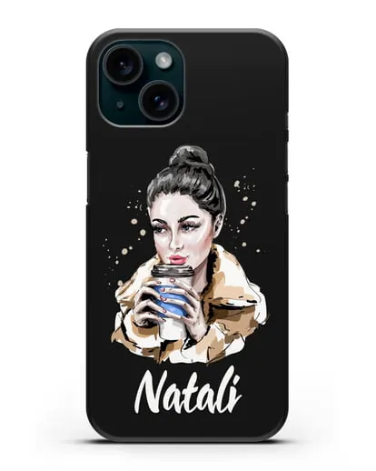 Именной чехол Девушка брюнетка с кофе в руках силиконовый для iPhone 15