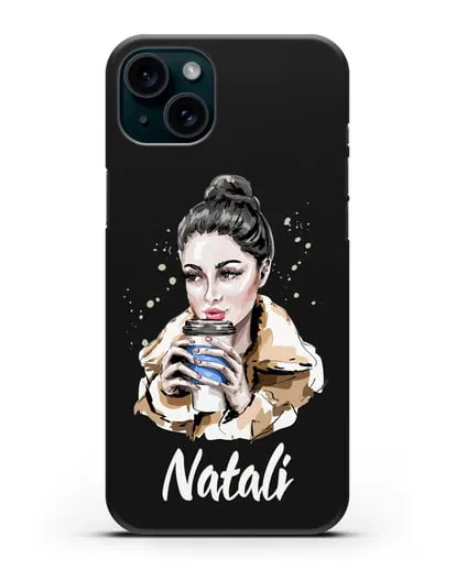 Именной чехол Девушка брюнетка с кофе в руках силиконовый для iPhone 15 Plus