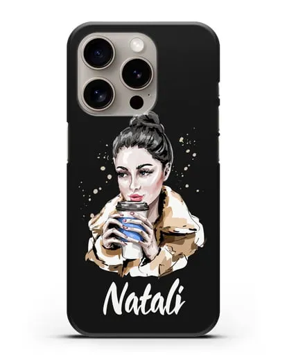 Именной чехол Девушка брюнетка с кофе в руках силиконовый для iPhone 15 Pro