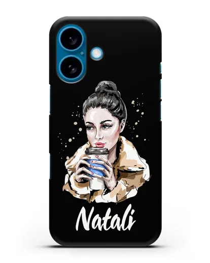 Именной чехол Девушка брюнетка с кофе в руках силиконовый для iPhone 16