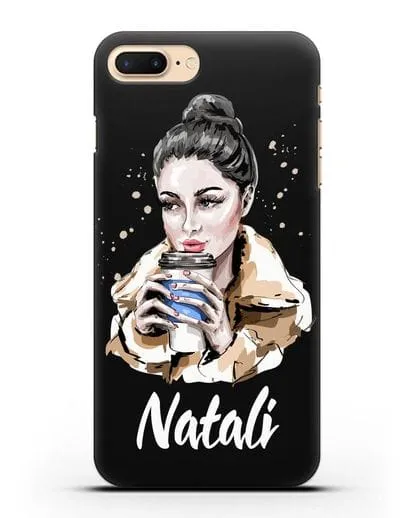 Именной чехол Девушка брюнетка с кофе в руках силиконовый для iPhone 7 Plus
