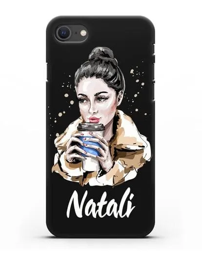 Именной чехол Девушка брюнетка с кофе в руках силиконовый для iPhone SE 2020