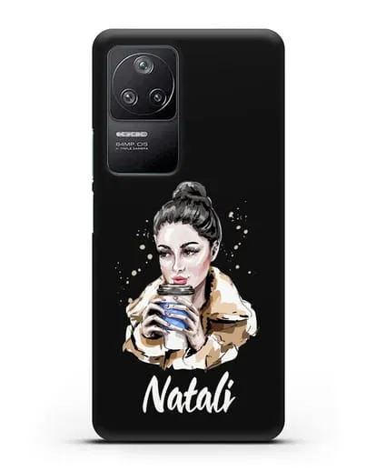 Именной чехол Девушка брюнетка с кофе в руках силиконовый для Xiaomi Poco F4