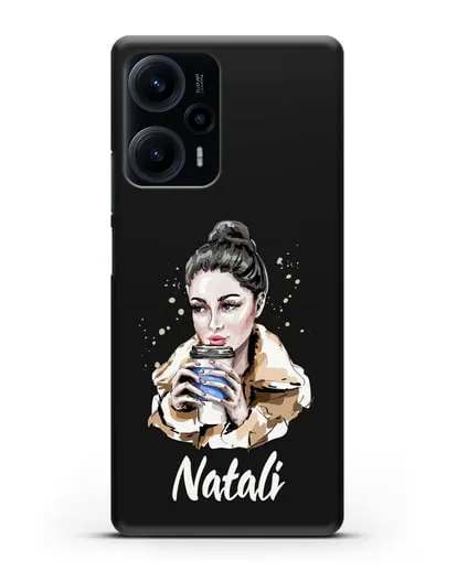 Именной чехол Девушка брюнетка с кофе в руках силиконовый для Xiaomi Poco F5