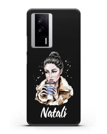 Именной чехол Девушка брюнетка с кофе в руках силиконовый для Xiaomi Poco F5 Pro