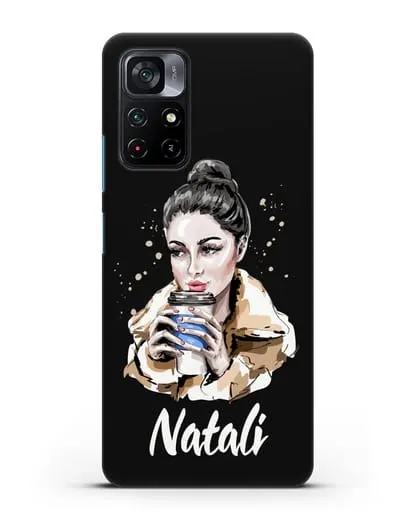 Именной чехол Девушка брюнетка с кофе в руках силиконовый для Xiaomi Poco M4 Pro 5G