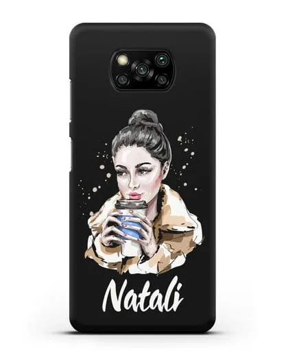 Именной чехол Девушка брюнетка с кофе в руках силиконовый для Xiaomi Poco X3