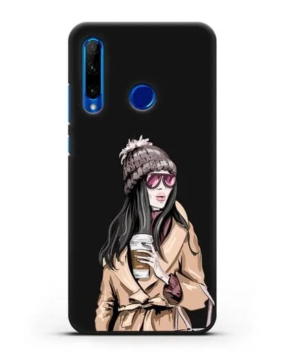 Чехол Девушка брюнетка в пальто и кофе в руках силиконовый для Honor 10i