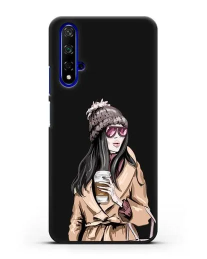 Чехол Девушка брюнетка в пальто и кофе в руках силиконовый для Honor 20