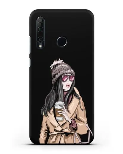 Чехол Девушка брюнетка в пальто и кофе в руках силиконовый для Honor 20e