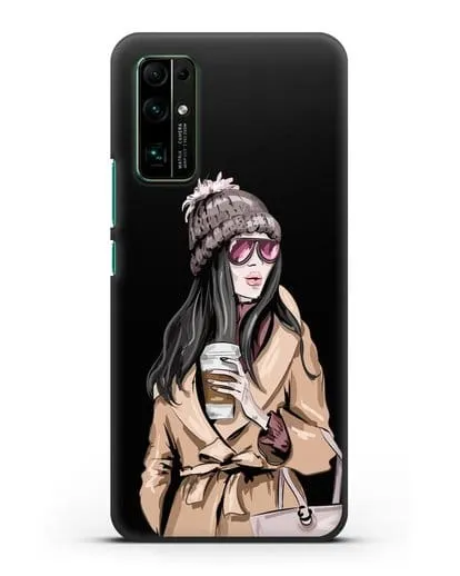 Чехол Девушка брюнетка в пальто и кофе в руках силиконовый для Honor 30