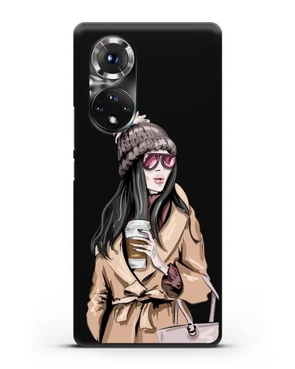 Чехол Девушка брюнетка в пальто и кофе в руках силиконовый для Honor 50
