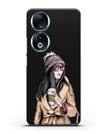 Чехол Девушка брюнетка в пальто и кофе в руках силиконовый для Honor 90