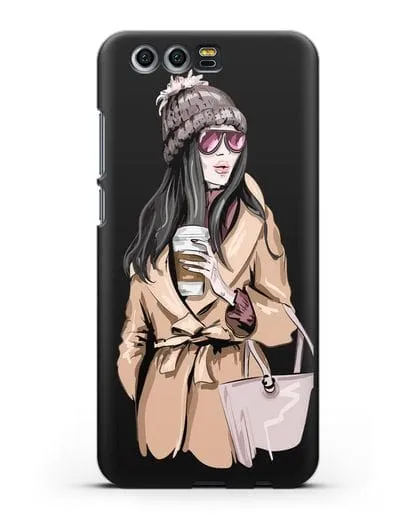 Чехол Девушка брюнетка в пальто и кофе в руках силиконовый для Honor 9