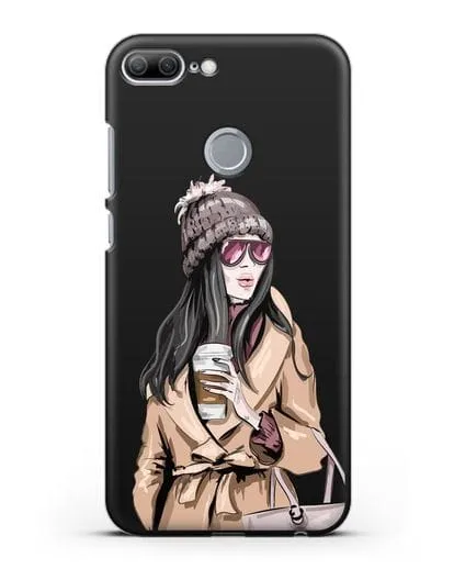 Чехол Девушка брюнетка в пальто и кофе в руках силиконовый для Honor 9 Lite