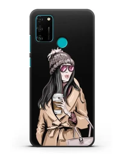 Чехол Девушка брюнетка в пальто и кофе в руках силиконовый для Honor 9A