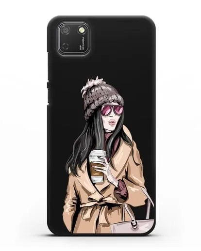 Чехол Девушка брюнетка в пальто и кофе в руках силиконовый для Honor 9S
