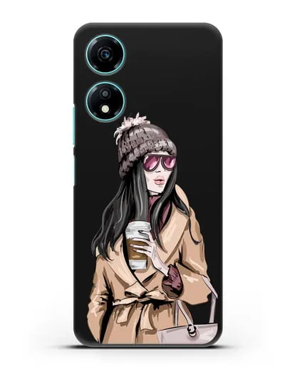 Чехол Девушка брюнетка в пальто и кофе в руках силиконовый для Honor X5 Plus