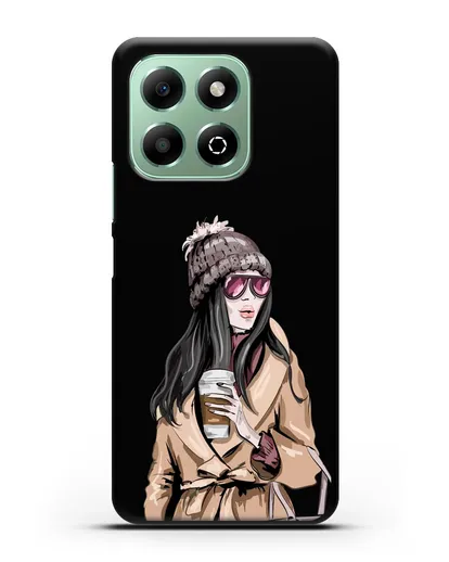 Чехол Девушка брюнетка в пальто и кофе в руках силиконовый для Honor X6b