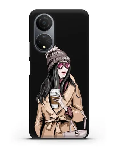 Чехол Девушка брюнетка в пальто и кофе в руках силиконовый для Honor X7