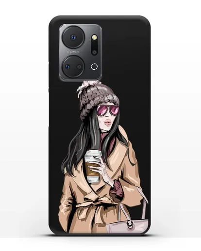 Чехол Девушка брюнетка в пальто и кофе в руках силиконовый для Honor X7a
