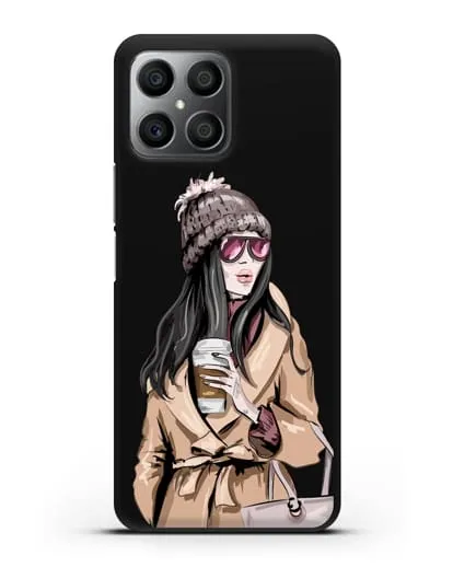 Чехол Девушка брюнетка в пальто и кофе в руках силиконовый для Honor X8